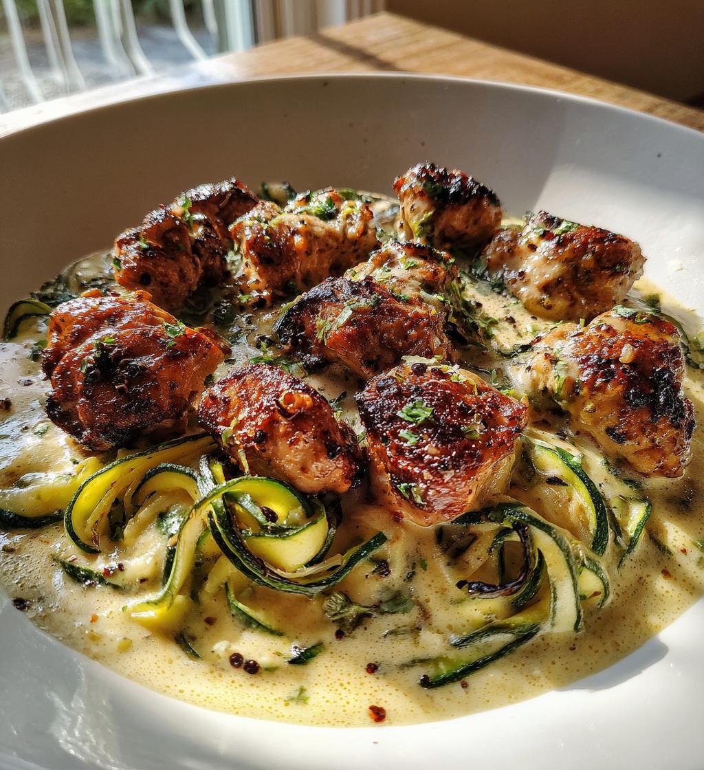 garlic chili oil chicken bites cajun alfredo with charred zucchini twists - detail 1