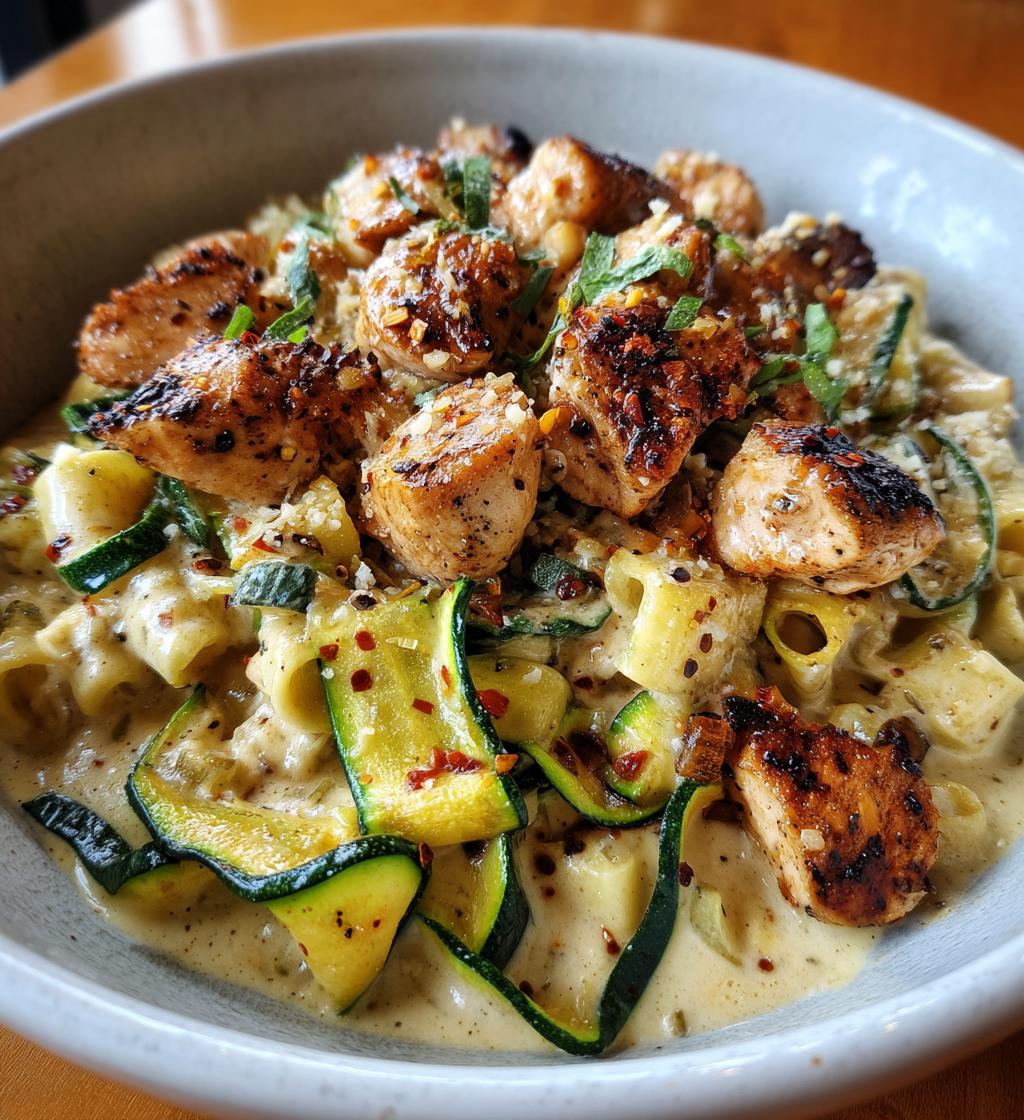 garlic chili oil chicken bites cajun alfredo with charred zucchini twists