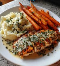 garlic herb chicken with creamy mash roasted carrots