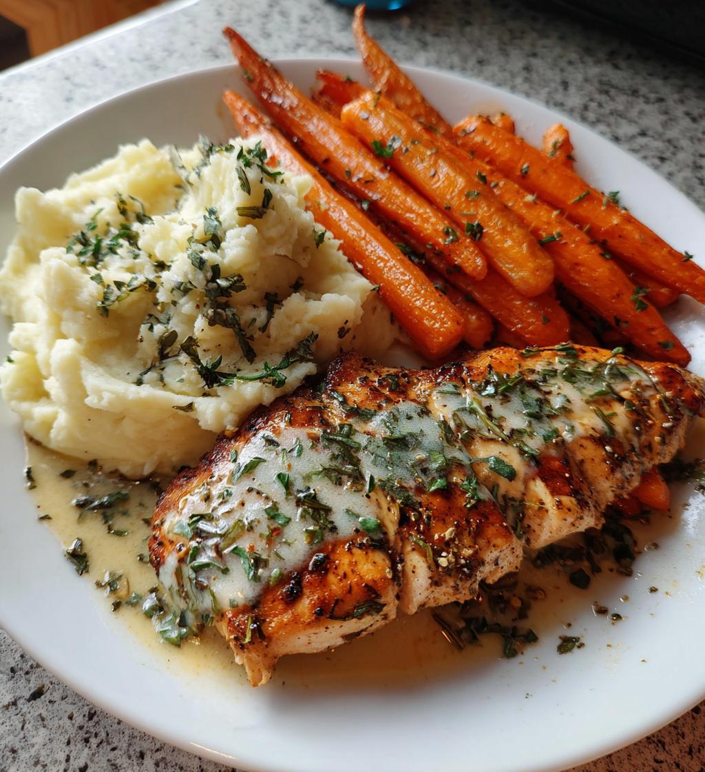 garlic herb chicken with creamy mash roasted carrots