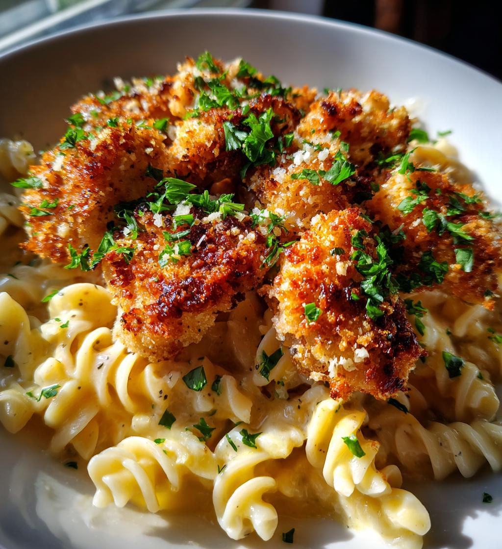 garlic parmesan chicken bites with creamy rotini