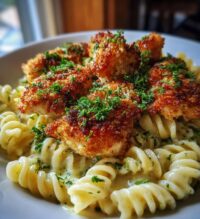 garlic parmesan chicken bites with creamy rotini
