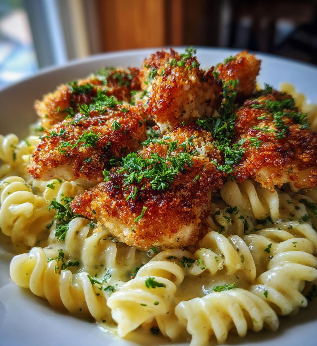 garlic parmesan chicken bites with creamy rotini