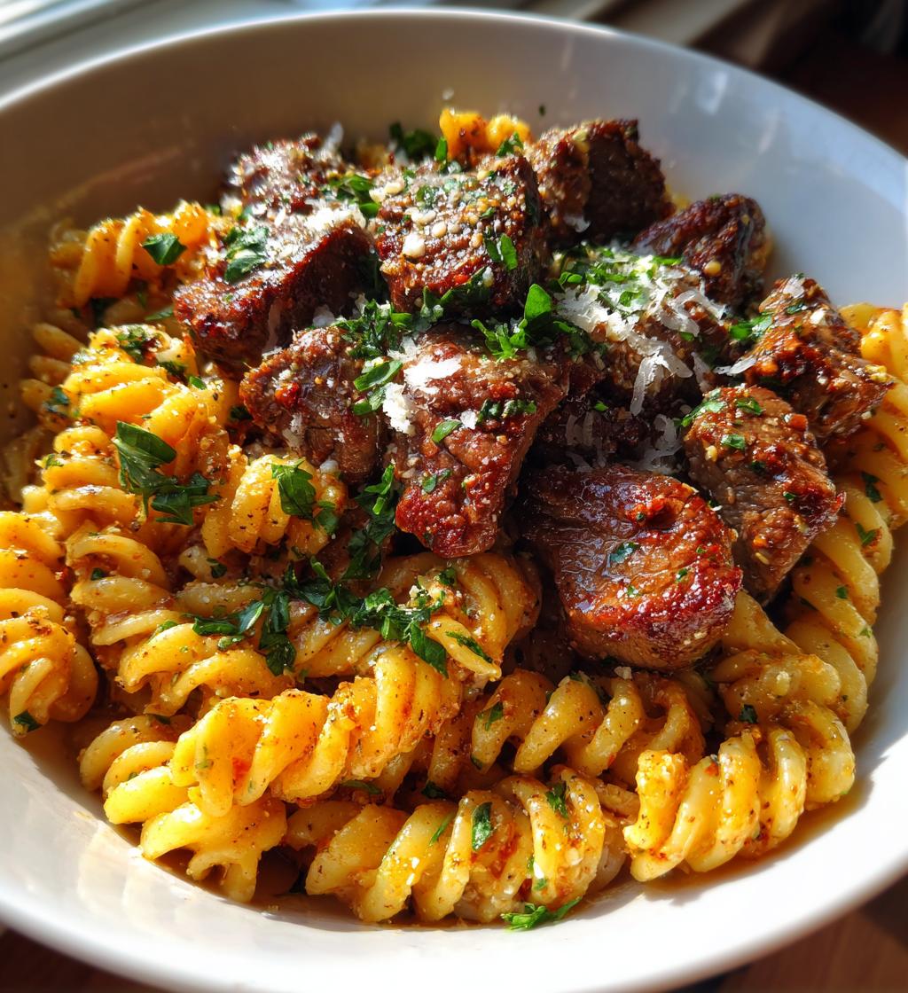 garlic parmesan steak bites with cajun twisted pasta - detail 1