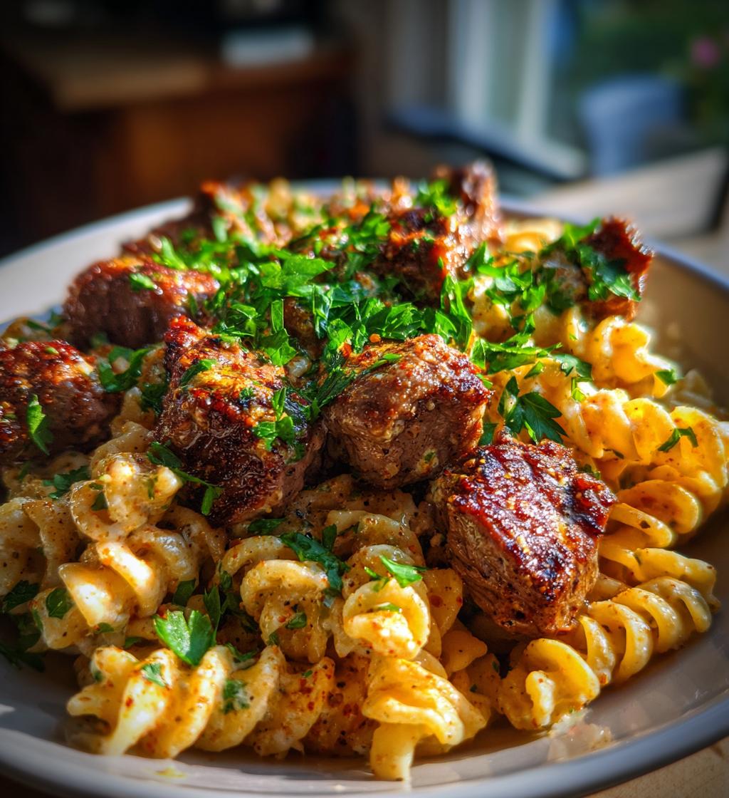 garlic parmesan steak bites with cajun twisted pasta - detail 1