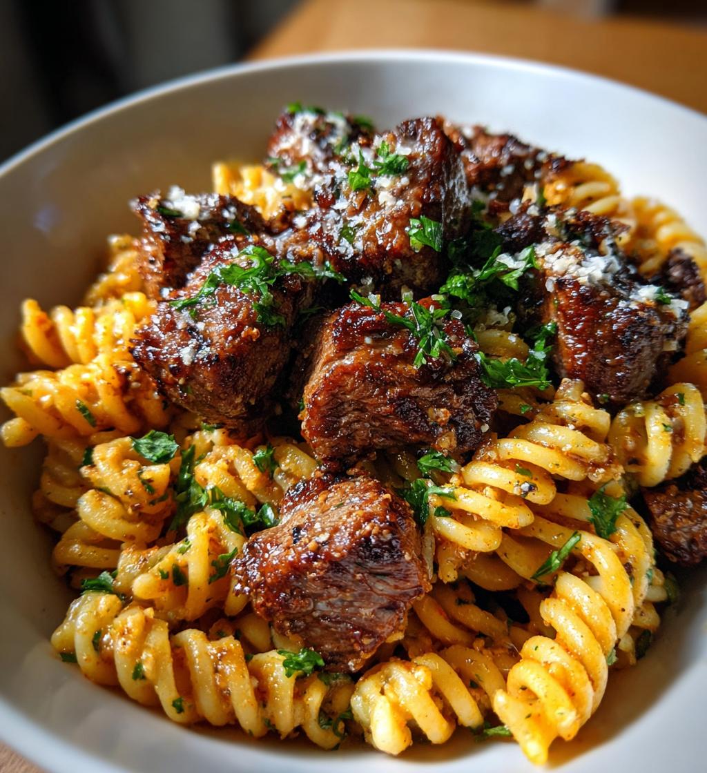 garlic parmesan steak bites with cajun twisted pasta