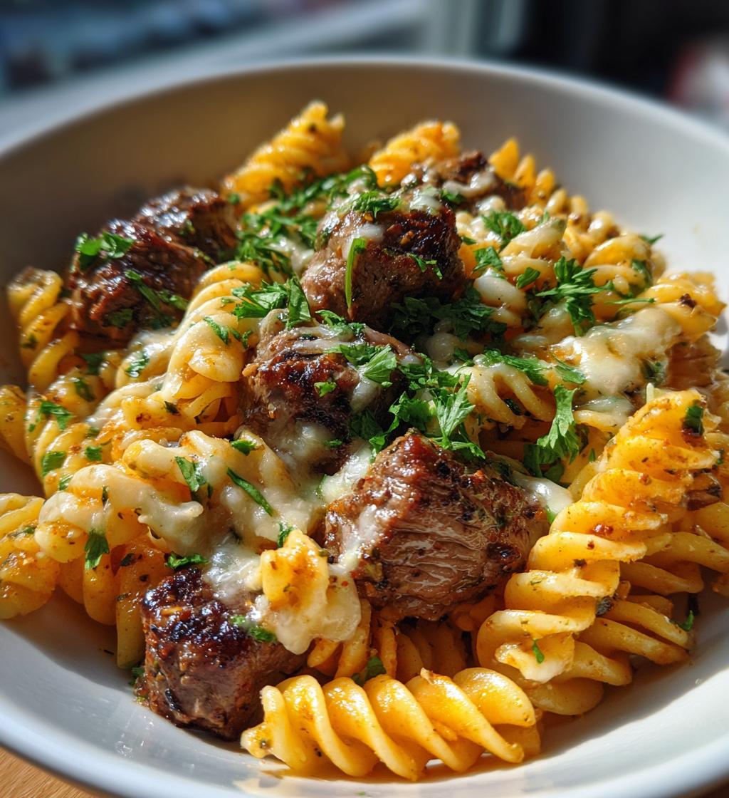 garlic parmesan steak bites with cajun twisted pasta