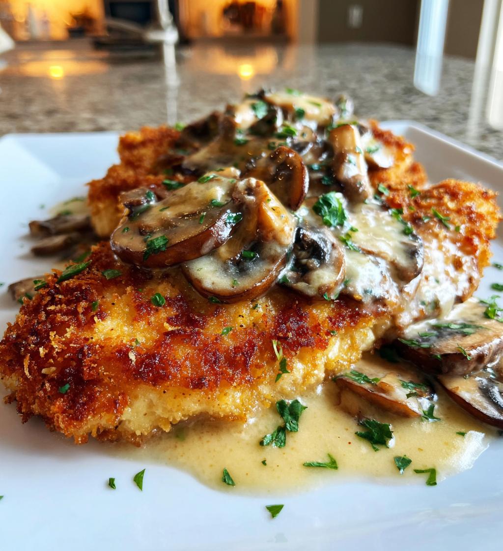 golden crispy chicken with parmesan mushroom sauce