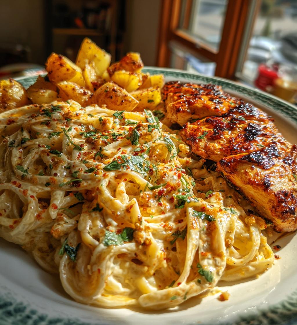 greek chicken alfredo garlic potatoes with spicy hot honey tahini pesto - detail 1