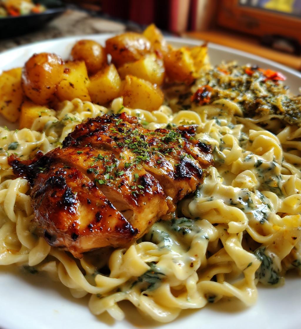 greek chicken alfredo garlic potatoes with spicy hot honey tahini pesto