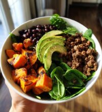 ground beef sweet potato power bowl