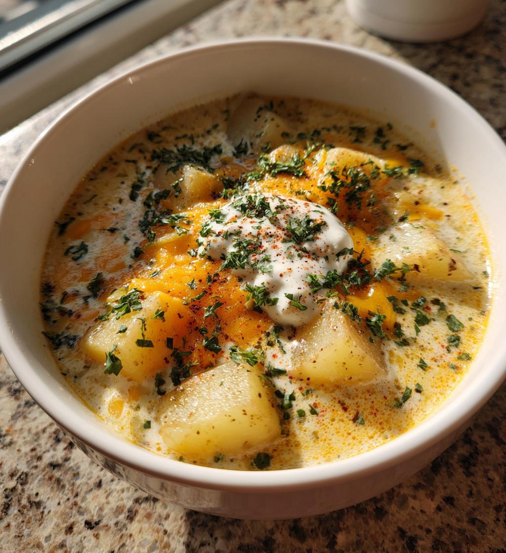 hearty cheddar garlic herb potato soup - detail 1