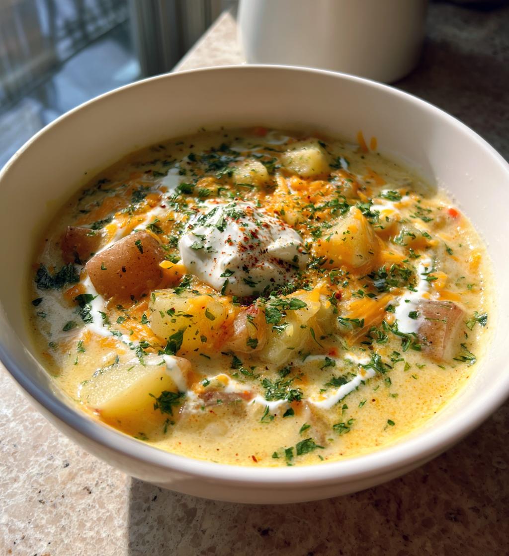 hearty cheddar garlic herb potato soup
