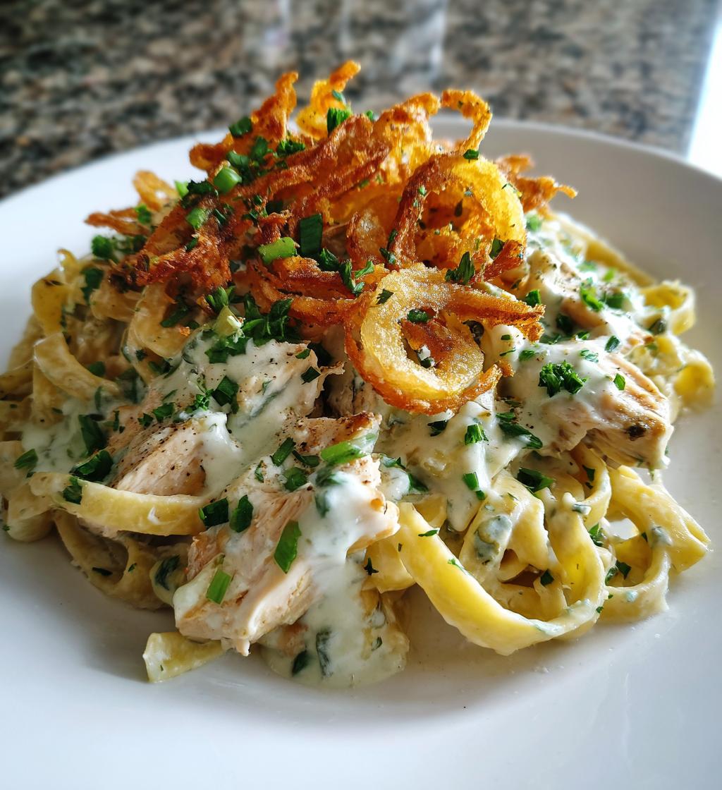 herbed chicken alfredo with truffle feta cream crispy parmesan leeks - detail 1