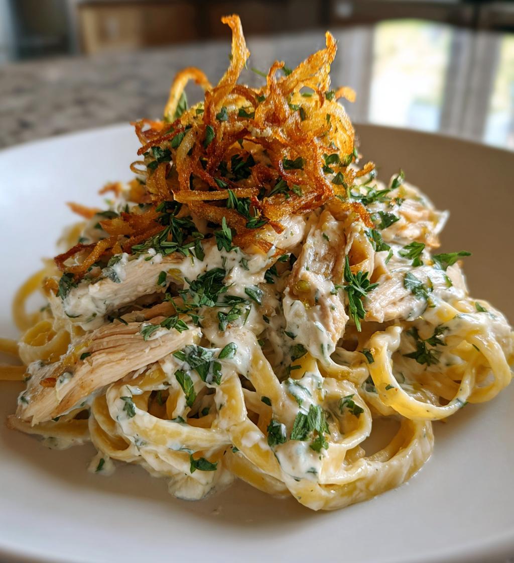 herbed chicken alfredo with truffle feta cream crispy parmesan leeks