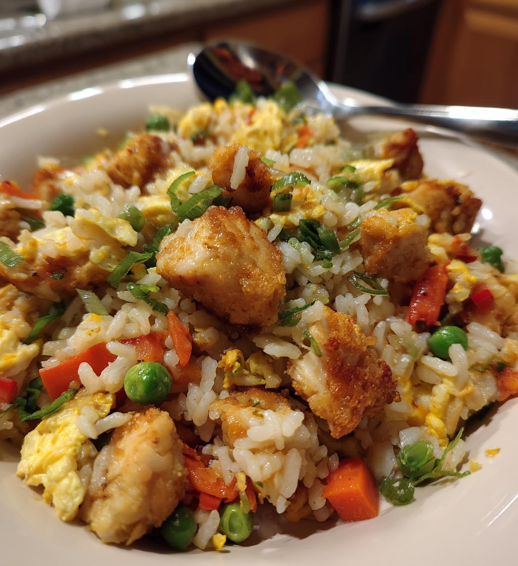 high protein crispy garlic chicken fried rice