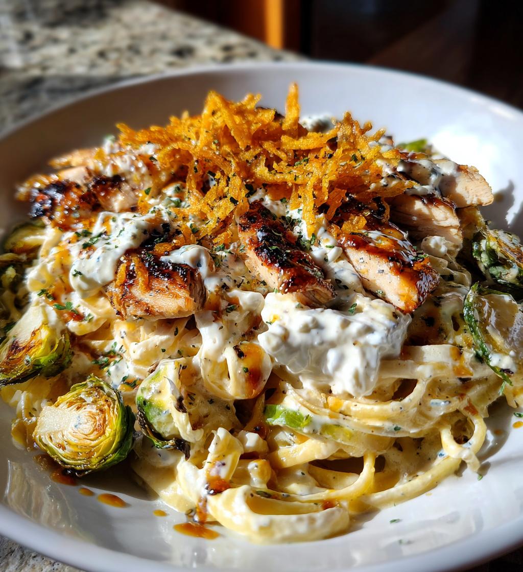 hot honey balsamic chicken alfredo with whipped feta crispy brussels chips - detail 1