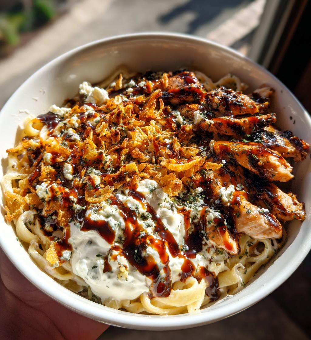 hot honey balsamic chicken alfredo with whipped feta crispy brussels chips