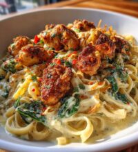 hot honey cajun chicken alfredo with basil feta swirl crispy brussels chips