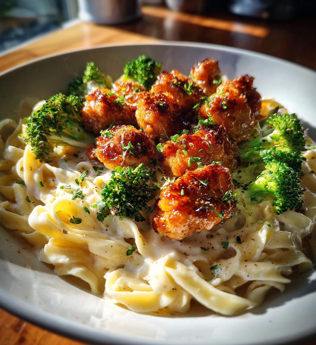 hot honey garlic chicken bites cajun alfredo with crispy broccoli twists - detail 1