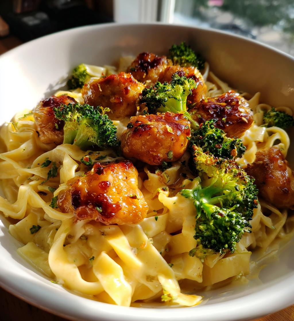 hot honey garlic chicken bites cajun alfredo with crispy broccoli twists
