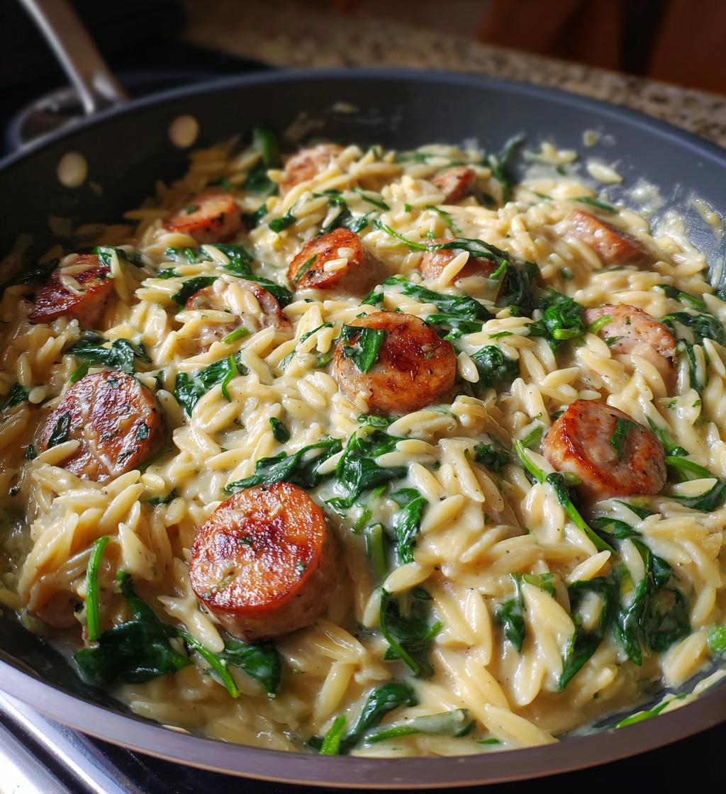 irresistible creamy chicken sausage orzo skillet - detail 1