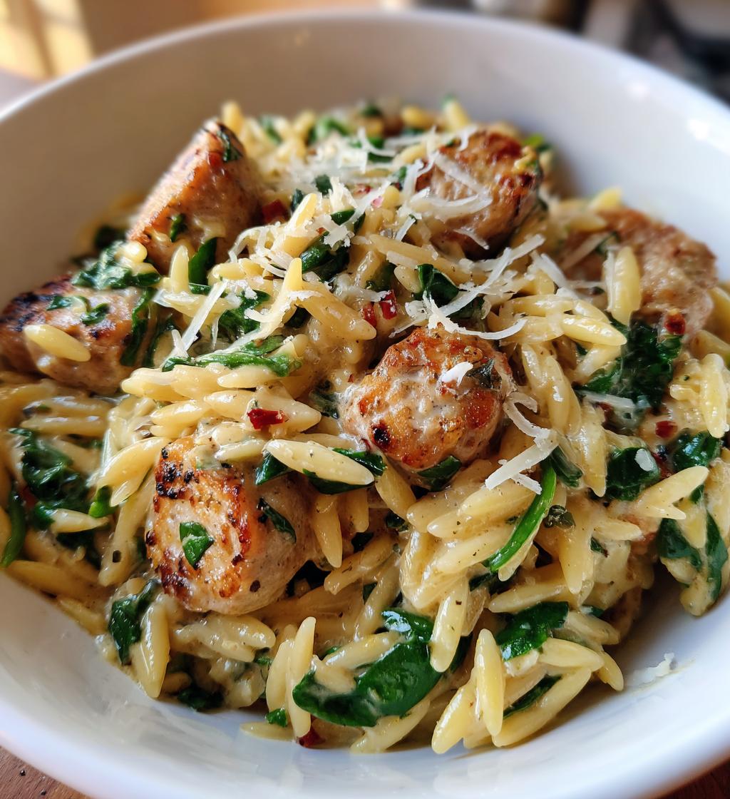 irresistible creamy chicken sausage orzo skillet - detail 1