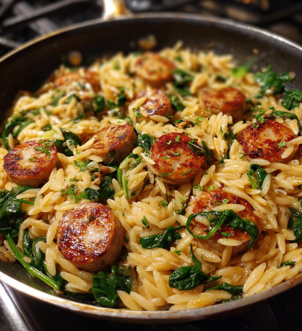 irresistible creamy chicken sausage orzo skillet