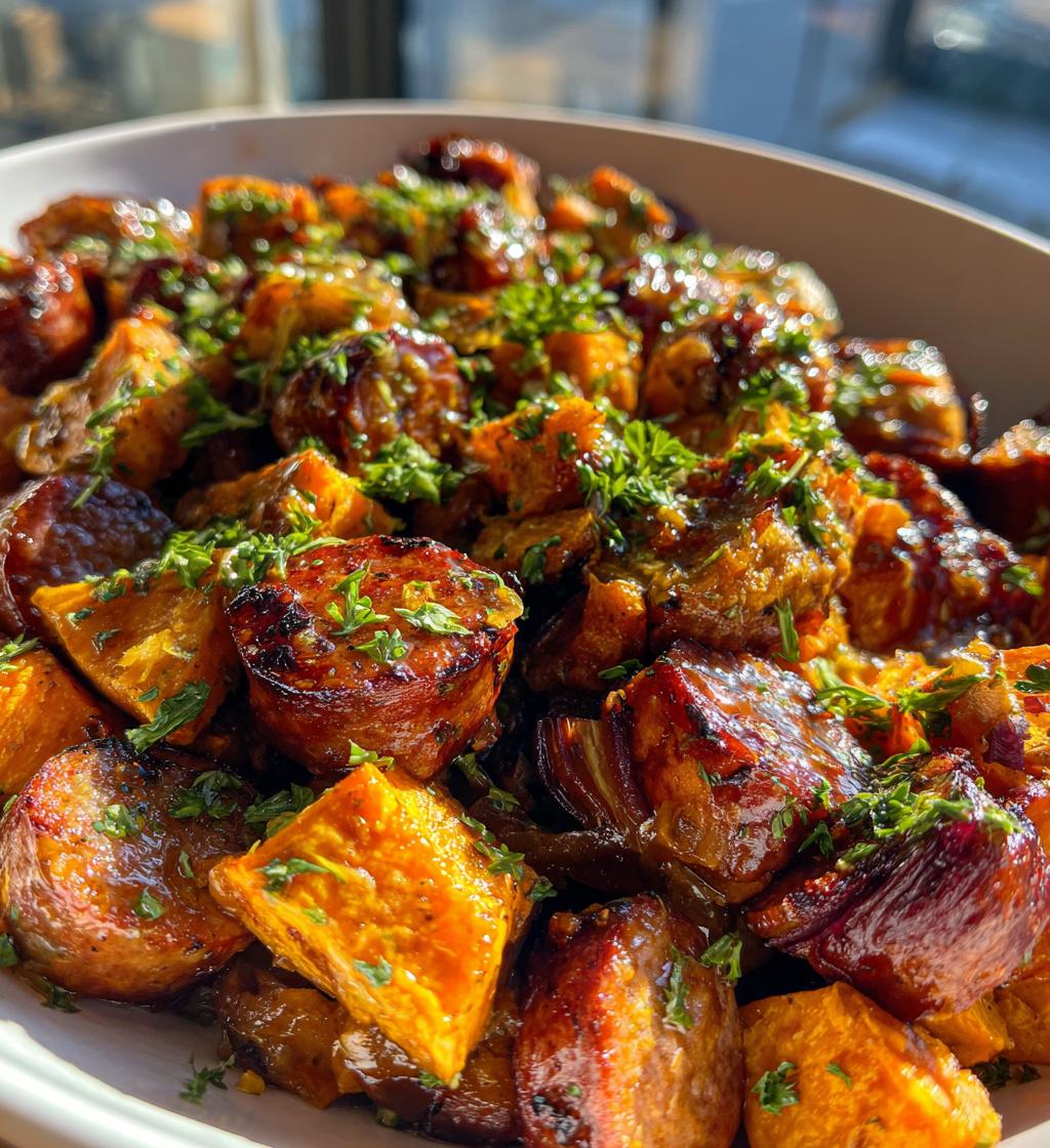 irresistible sheet pan sausage and sweet potatoes with honey garlic sauce - detail 1