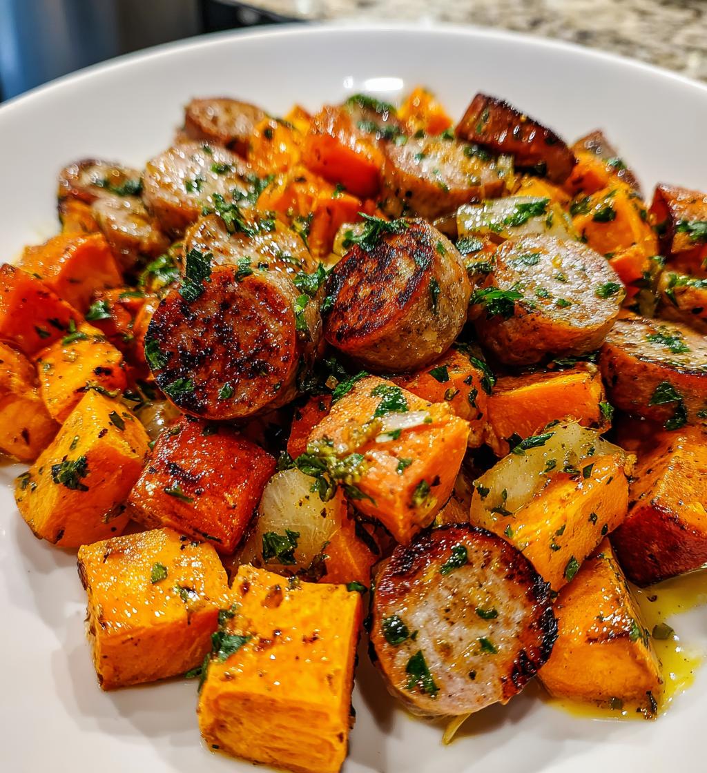 irresistible sheet pan sausage and sweet potatoes with honey garlic sauce - detail 1
