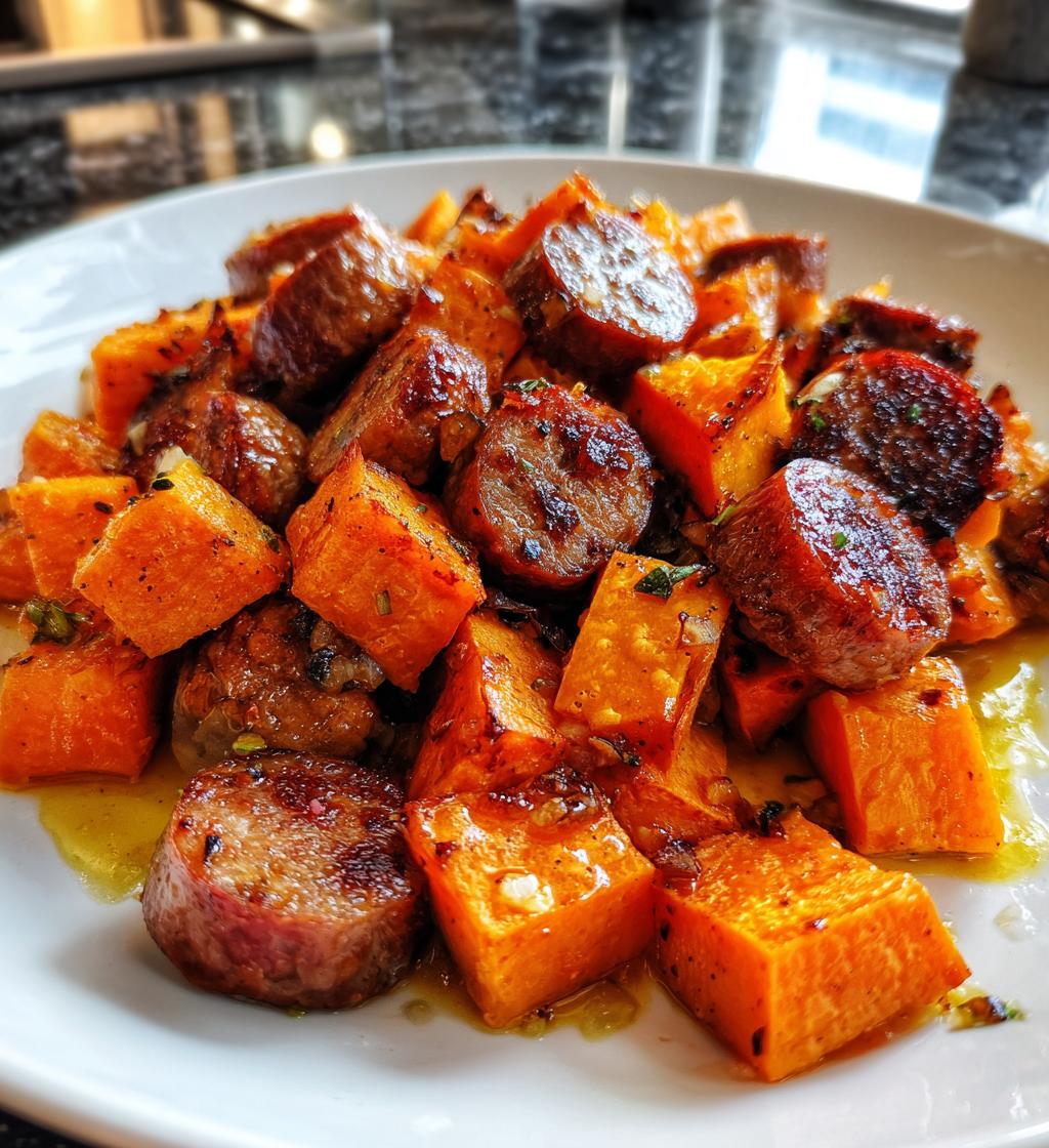 irresistible sheet pan sausage and sweet potatoes with honey garlic sauce
