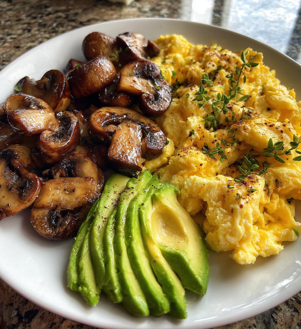 keto breakfast plate with creamy scrambled eggs mushrooms avocado - detail 1