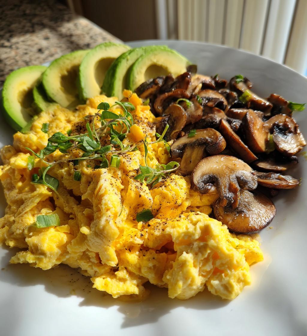 keto breakfast plate with creamy scrambled eggs mushrooms avocado - detail 1