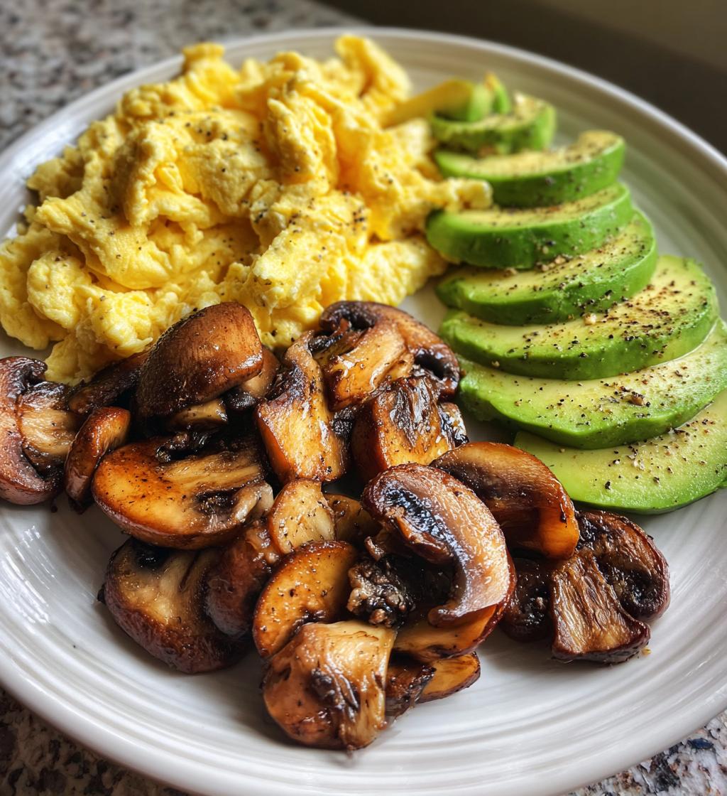 keto breakfast plate with creamy scrambled eggs mushrooms avocado