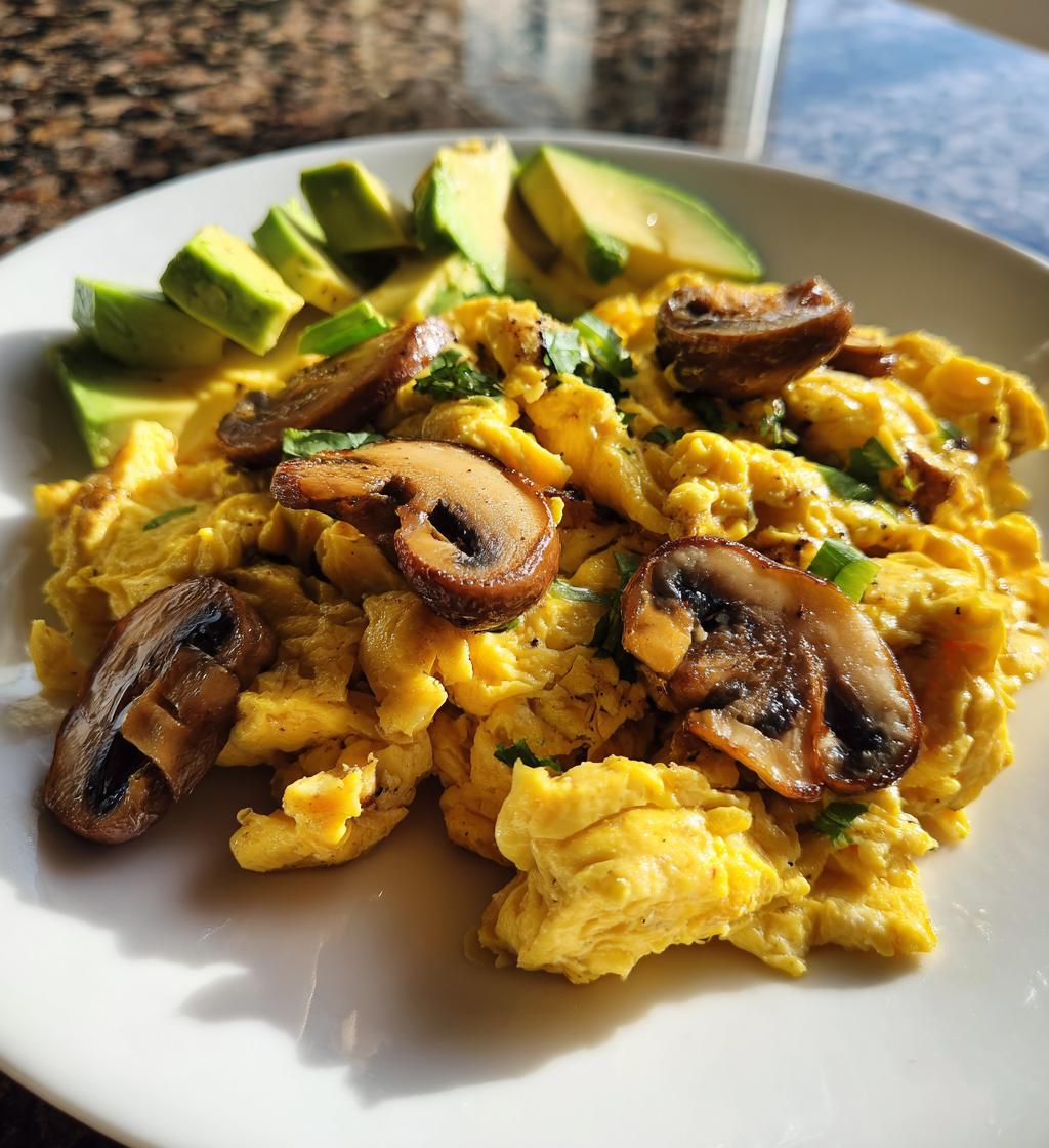 keto breakfast plate with creamy scrambled eggs mushrooms avocado
