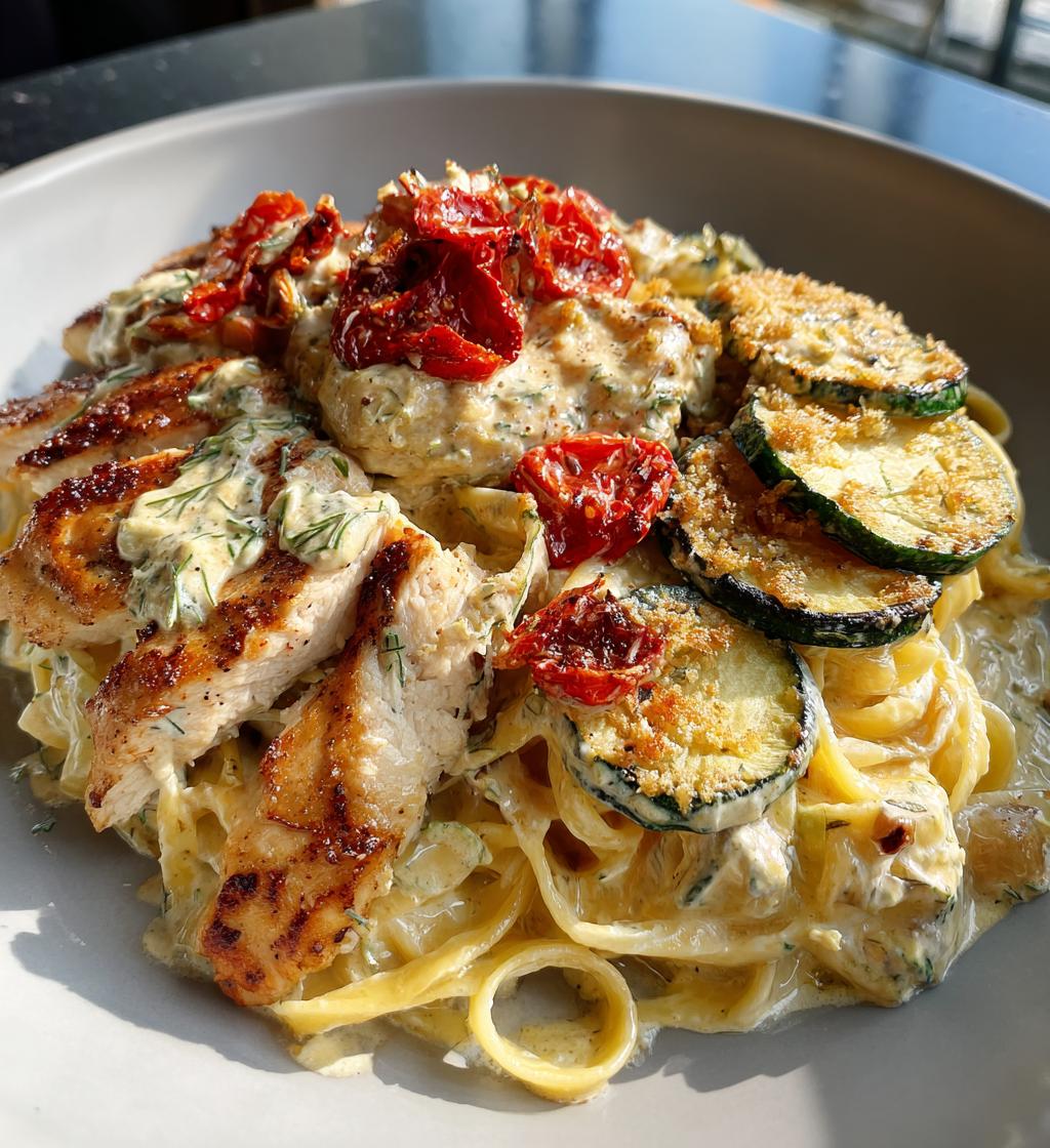 lemon dill chicken alfredo with roasted red pepper whipped feta crispy parmesan zucchini - detail 1