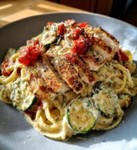 lemon dill chicken alfredo with roasted red pepper whipped feta crispy parmesan zucchini