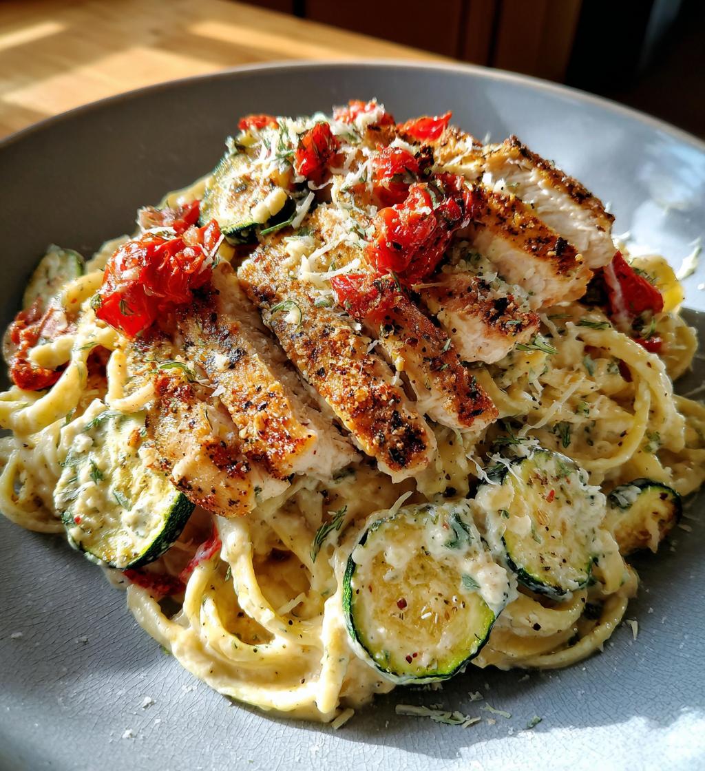 lemon dill chicken alfredo with roasted red pepper whipped feta crispy parmesan zucchini