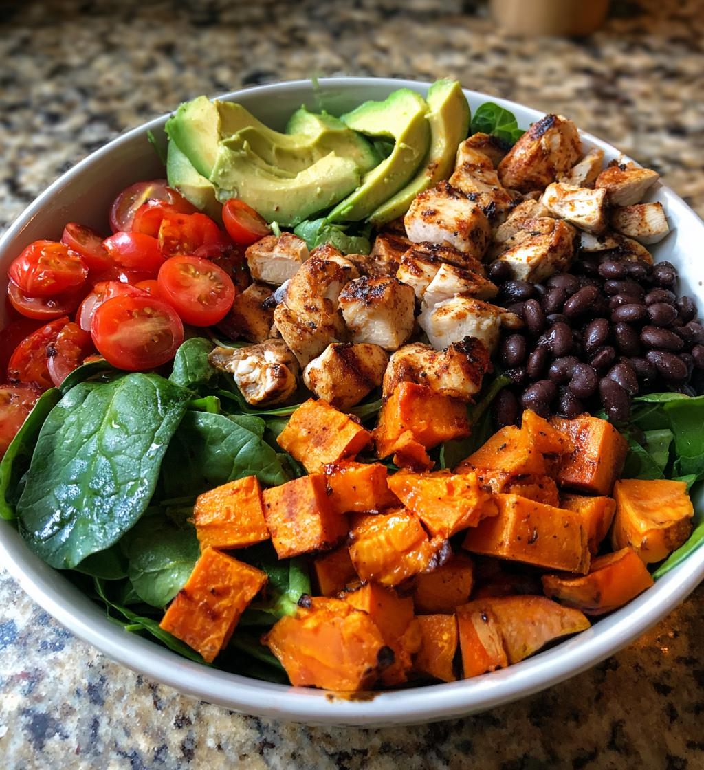 loaded grilled chicken sweet potato power bowl