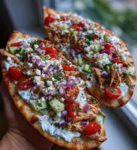 mediterranean tzatziki chicken naan pizza