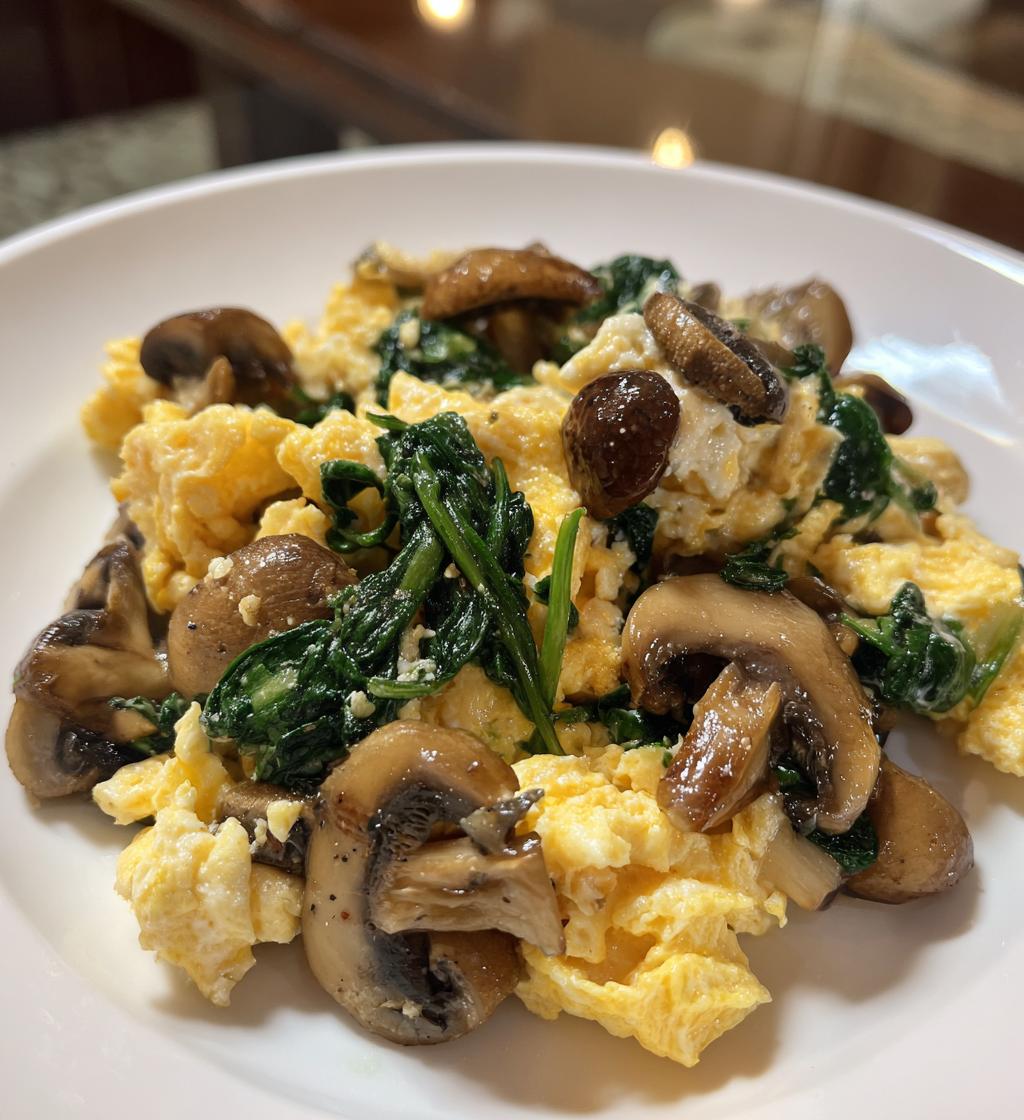 mushroom spinach scrambled eggs - detail 1