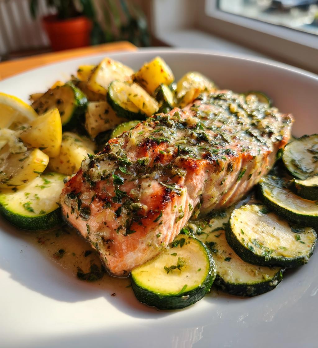 one pan lemon herb salmon and zucchini - detail 1