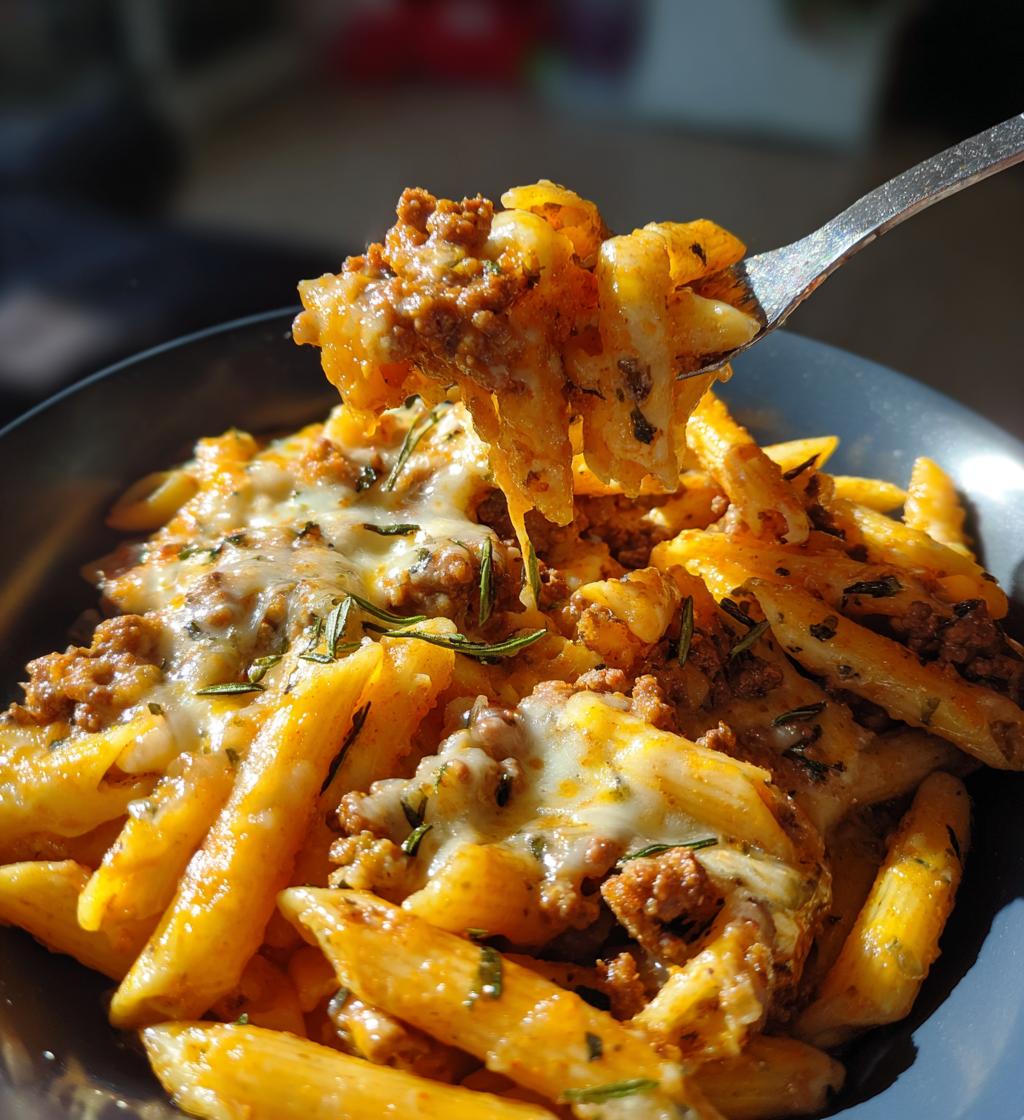 one pot cheesy beef garlic penne - detail 1