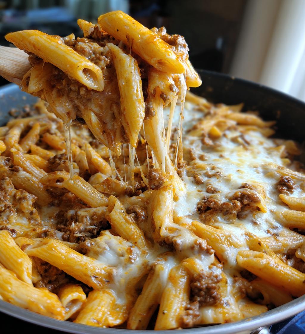 one pot cheesy beef garlic penne