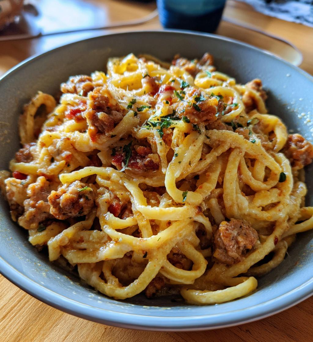 one pot cheesy sausage pasta - detail 1