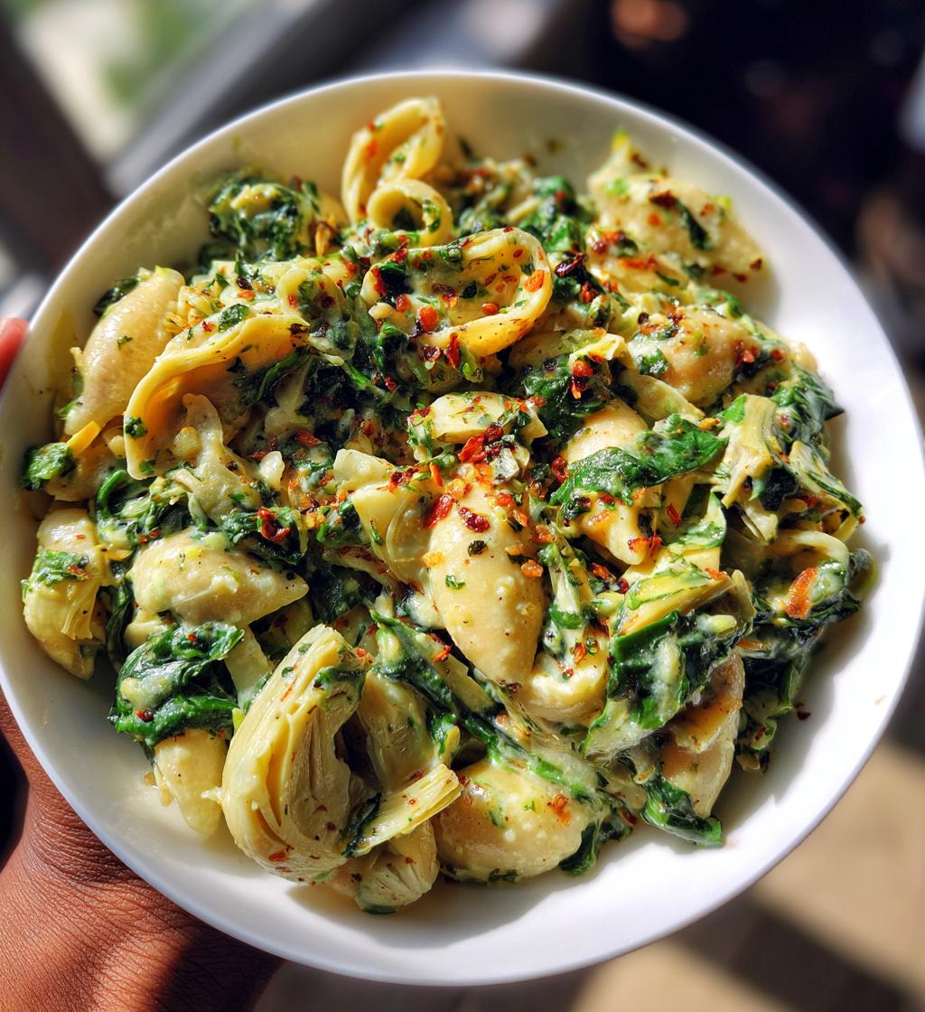 one pot spinach and artichoke pasta - detail 1