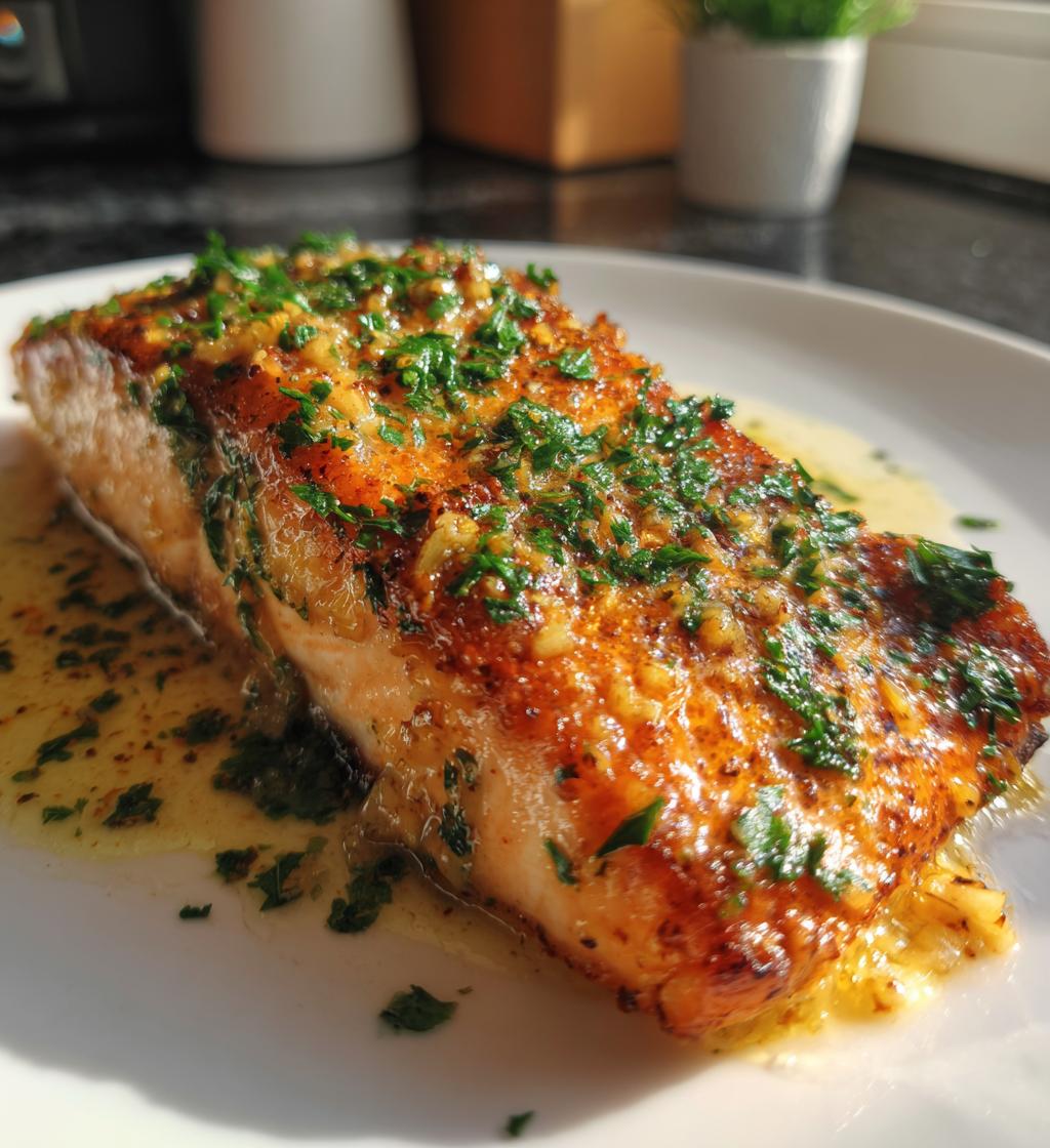 pan fried salmon with garlic butter sauce - detail 1