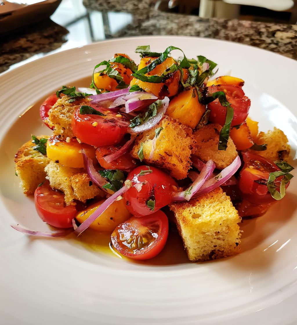 peach panzanella salad - detail 1