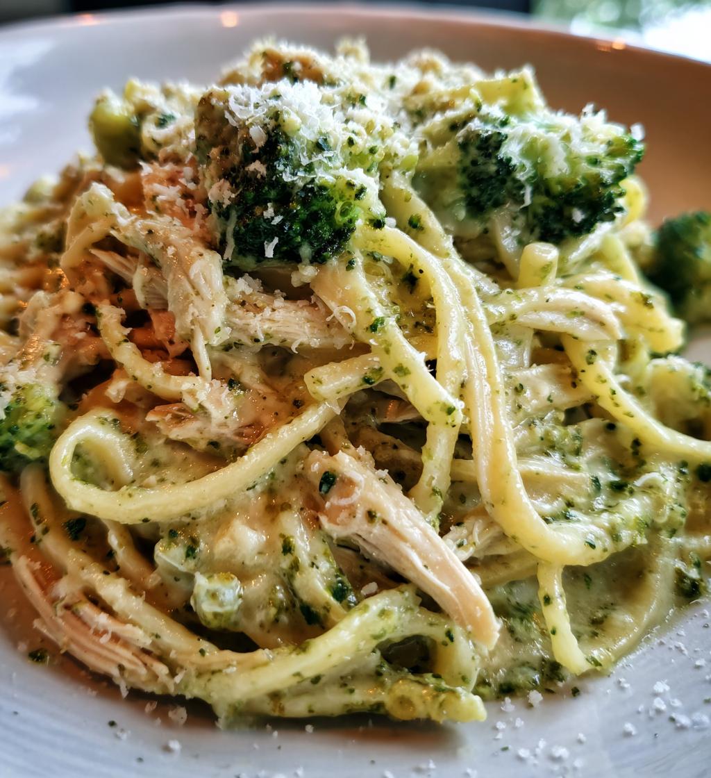 pesto chicken alfredo with spicy feta cream parmesan broccoli crunch - detail 1