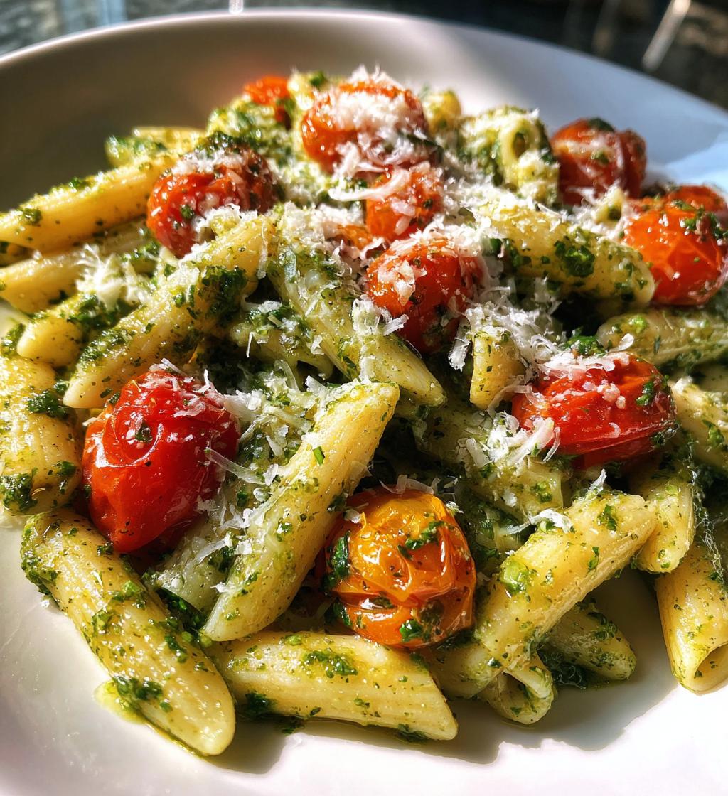 pesto pasta with cherry tomatoes - detail 1